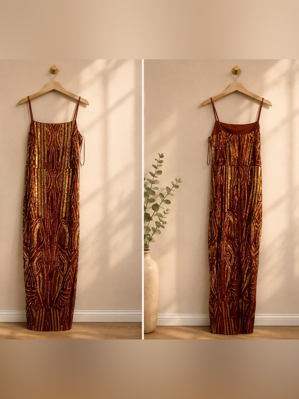 Sequin Embellished Rust Maxi Dress with Spaghetti Straps
